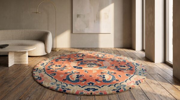 Small round antique coral chinese dragon design ningxia rug 7 Small round antique coral chinese dragon design ningxia rug (sku 22188) - room view