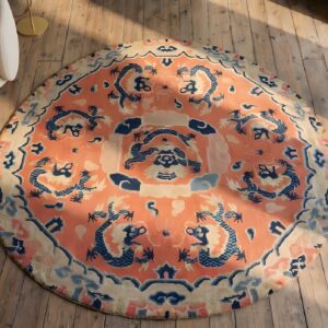 Small Round Antique Coral Chinese Dragon Design Ningxia Rug (SKU 22188) - styled overhead view