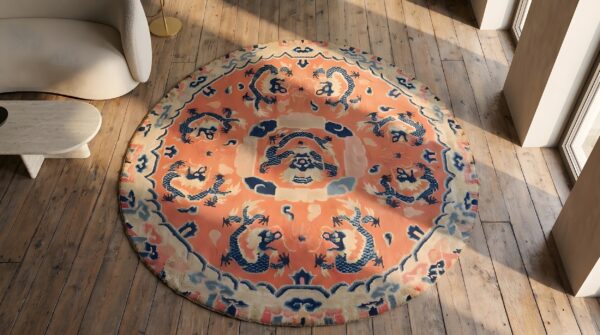 Small round antique coral chinese dragon design ningxia rug 2 Small round antique coral chinese dragon design ningxia rug (sku 22188) - styled overhead view
