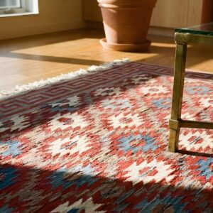 Small Antique Rustic Tribal Geometric Indian Cotton Dhurrie Flatwoven Rug (SKU 24983) - in-room detail