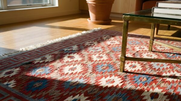 Small antique rustic tribal geometric indian cotton dhurrie flatwoven rug 11 Small antique rustic tribal geometric indian cotton dhurrie flatwoven rug (sku 24983) - in-room detail