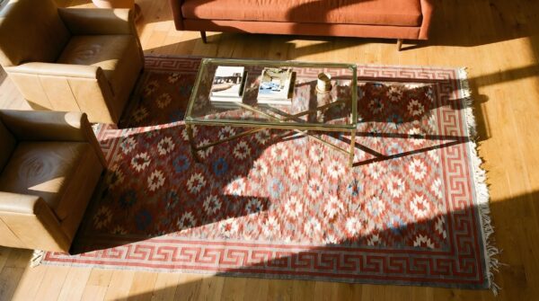 Small antique rustic tribal geometric indian cotton dhurrie flatwoven rug 2 Small antique rustic tribal geometric indian cotton dhurrie flatwoven rug (sku 24983) - styled overhead view
