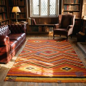 Small Antique Rustic Tribal Native American Geometric Navajo Flat Weave Yellow Rug (SKU 24304) - room view