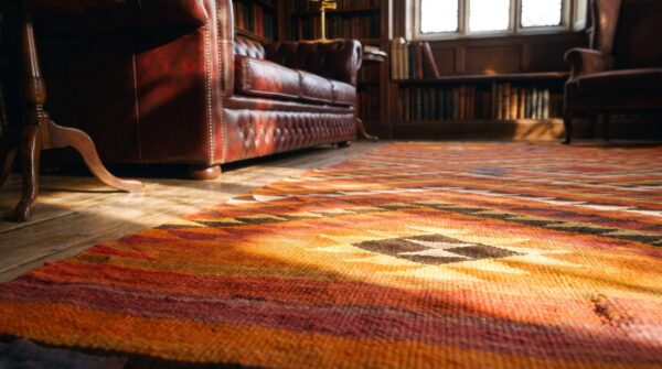 Small antique rustic tribal native american geometric navajo flat weave yellow rug 10 Small antique rustic tribal native american geometric navajo flat weave yellow rug (sku 24304) - in-room detail