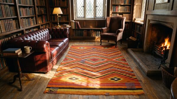 Small antique rustic tribal native american geometric navajo flat weave yellow rug 2 Small antique rustic tribal native american geometric navajo flat weave yellow rug (sku 24304) - styled overhead view