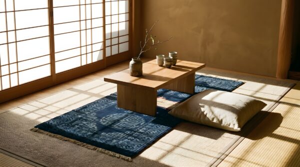 Small scatter size knotted 1930s chinese blue antique wool rug 7 Small scatter size knotted 1930s chinese blue antique wool rug (sku 22042) - room view