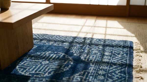 Small scatter size knotted 1930s chinese blue antique wool rug 8 Small scatter size knotted 1930s chinese blue antique wool rug (sku 22042) - in-room detail