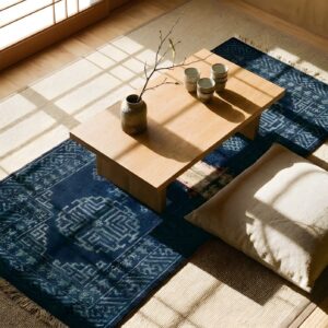 Small Scatter Size Knotted 1930s Chinese Blue Antique Wool Rug (SKU 22042) - styled overhead view