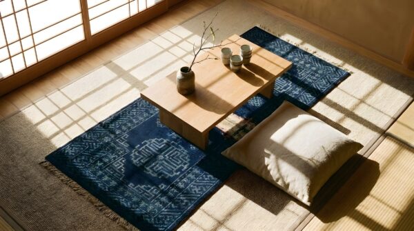 Small scatter size knotted 1930s chinese blue antique wool rug 2 Small scatter size knotted 1930s chinese blue antique wool rug (sku 22042) - styled overhead view