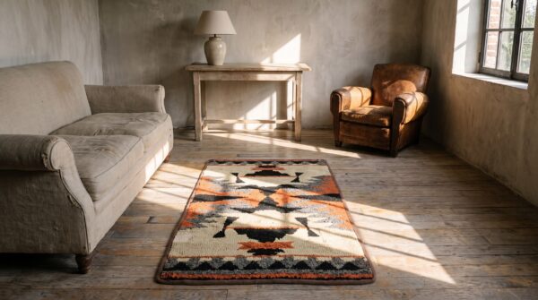 Antique small scatter size 1940s hooked american wool ivory rug 8 Antique small scatter size 1940s hooked american wool ivory rug (sku 20553) - room view