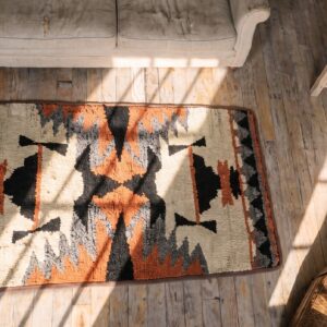Antique Small Scatter Size 1940s Hooked American Wool Ivory Rug (SKU 20553) - styled overhead view