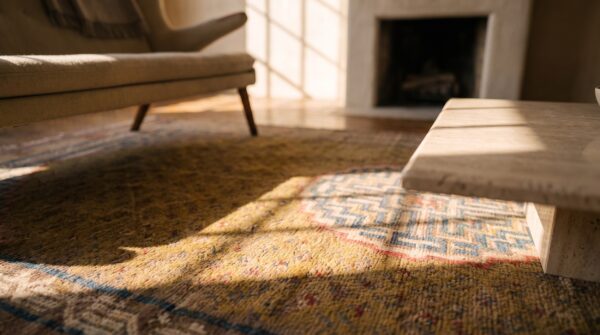 Small scatter size antique 19th century chinese ningxia medallion yellow rug 8 Small scatter size antique 19th century chinese ningxia medallion yellow rug (sku 21025) - in-room detail