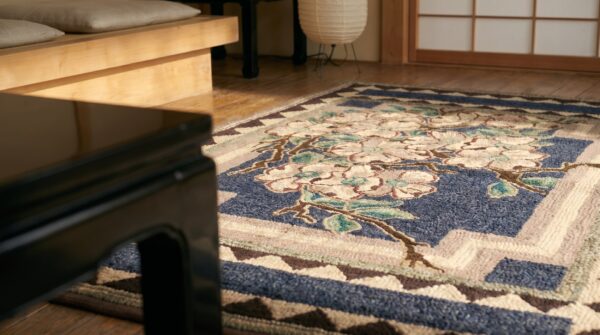 Small scatter size american hooked antique wool 1920s rug 8 Small scatter size american hooked antique wool 1920s rug (sku 18375) - in-room detail