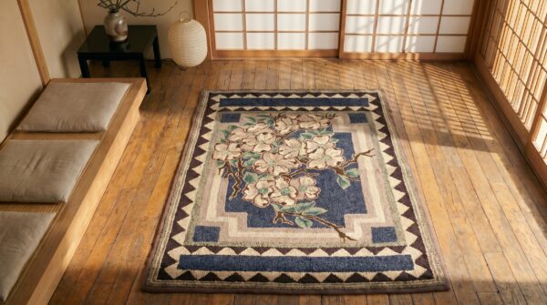 Small scatter size american hooked antique wool 1920s rug 2 Small scatter size american hooked antique wool 1920s rug (sku 18375) - styled overhead view