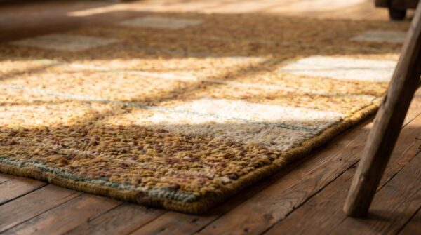 Small scatter size american hooked 1920s wool antique rug (sku 20014) - in-room detail