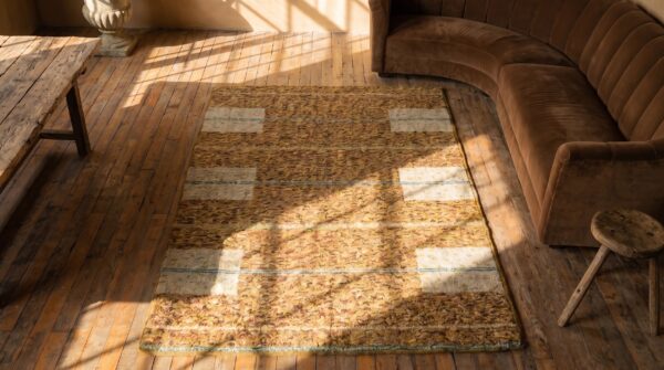 Small scatter size american hooked 1920s wool antique rug (sku 20014) - styled overhead view