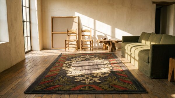 Small scatter size american hooked 1930s antique wool rug 6 Small scatter size american hooked 1930s antique wool rug (sku 17478) - room view