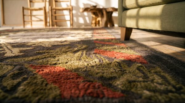 Small scatter size american hooked 1930s antique wool rug 7 Small scatter size american hooked 1930s antique wool rug (sku 17478) - in-room detail