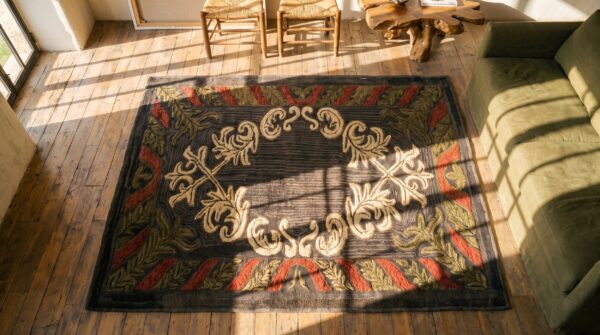 Small scatter size american hooked 1930s antique wool rug 2 Small scatter size american hooked 1930s antique wool rug (sku 17478) - styled overhead view