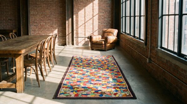 Small scatter size wool american hooked 1930s antique rug (sku 19708) - room view