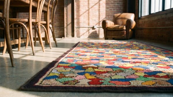 Small scatter size wool american hooked 1930s antique rug (sku 19708) - in-room detail