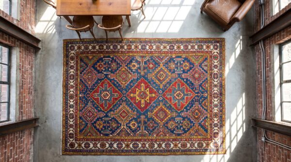 Small scatter size wool american hooked 1930s antique rug (sku 19708) - styled overhead view
