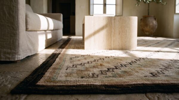 Wool small scatter size american hooked antique ivory 1925 rug (sku 20463) - in-room detail
