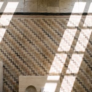 Wool Small Scatter Size American Hooked Antique Ivory 1925 Rug (SKU 20463) - styled overhead view