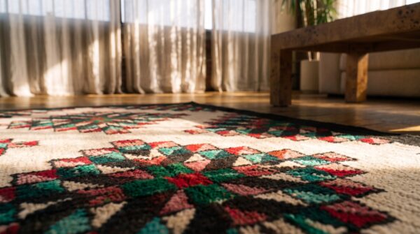 Small scatter size american multicolor hooked 1930s wool antique rug (sku 20528) - in-room detail
