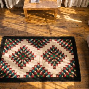 Small Scatter Size American Multicolor Hooked 1930s Wool Antique Rug (SKU 20528) - styled overhead view