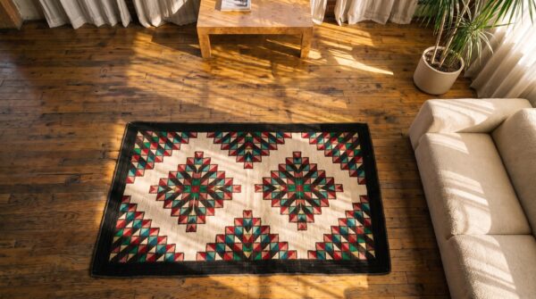 Small scatter size american multicolor hooked 1930s wool antique rug (sku 20528) - styled overhead view