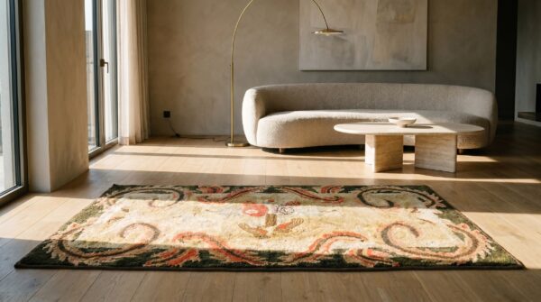 Small scatter size bird design antique ivory cream light color american hooked rug 9 Small scatter size bird design antique ivory cream light color american hooked rug (sku 19137) - room view