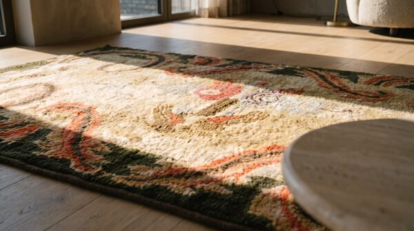 Small scatter size bird design antique ivory cream light color american hooked rug 10 Small scatter size bird design antique ivory cream light color american hooked rug (sku 19137) - in-room detail