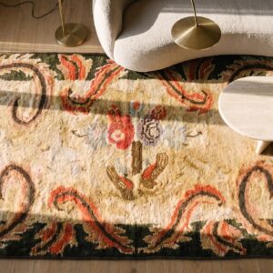 Small Scatter Size Bird Design Antique Ivory Cream Light Color American Hooked Rug (SKU 19137) - styled overhead view