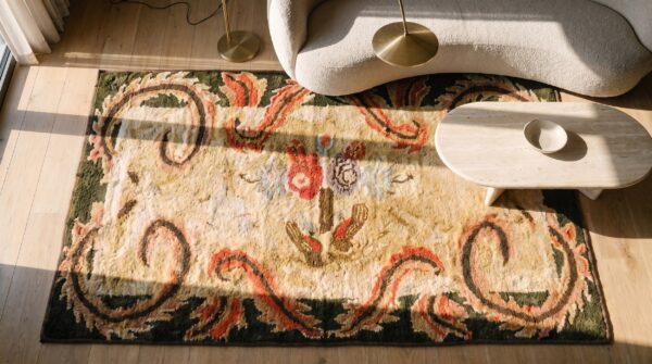 Small scatter size bird design antique ivory cream light color american hooked rug 2 Small scatter size bird design antique ivory cream light color american hooked rug (sku 19137) - styled overhead view