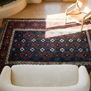 Small Scatter Size Blue Background Antique Tribal Geometric Persian Baluch Rug (SKU 25435) - styled overhead view