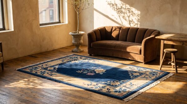 Small scatter size blue antique wool chinese peking open field floral rug 6 Small scatter size blue antique wool chinese peking open field floral rug (sku 23215) - room view
