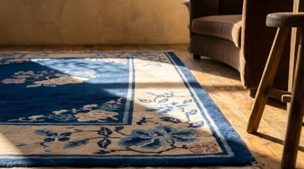 Small scatter size blue antique wool chinese peking open field floral rug 7 Small scatter size blue antique wool chinese peking open field floral rug (sku 23215) - in-room detail