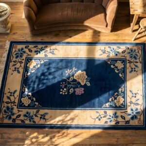 Small Scatter Size Blue Antique Wool Chinese Peking Open Field Floral Rug (SKU 23215) - styled overhead view