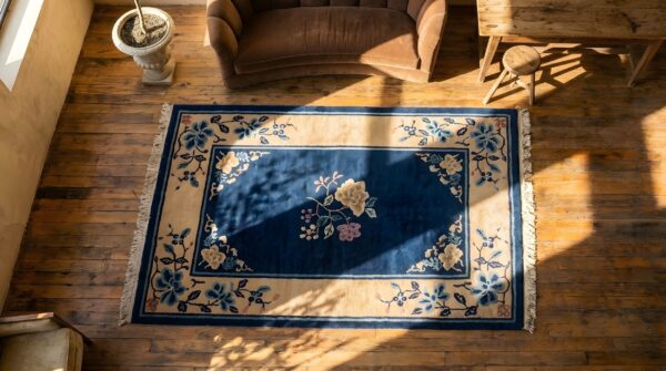 Small scatter size blue antique wool chinese peking open field floral rug 2 Small scatter size blue antique wool chinese peking open field floral rug (sku 23215) - styled overhead view