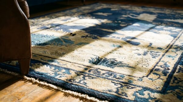 Small scatter size blue chinese scenic animal motif peking rug 6 Small scatter size blue chinese scenic animal motif peking rug (sku 23544) - in-room detail
