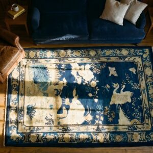 Small Scatter Size Blue Chinese Scenic Animal Motif Peking Rug (SKU 23544) - styled overhead view