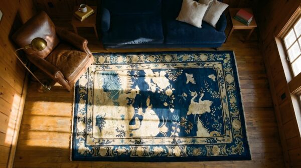 Small scatter size blue chinese scenic animal motif peking rug 2 Small scatter size blue chinese scenic animal motif peking rug (sku 23544) - styled overhead view