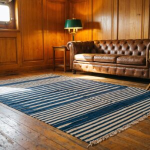 Small Scatter Size Antique Blue White Stripe Pattern Cotton Dhurrie Kilim Rug (SKU 21547) - room view