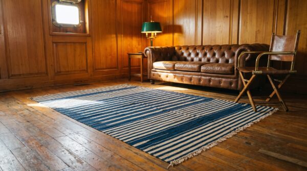 Small scatter size antique blue white stripe pattern cotton dhurrie kilim rug 7 Small scatter size antique blue white stripe pattern cotton dhurrie kilim rug (sku 21547) - room view