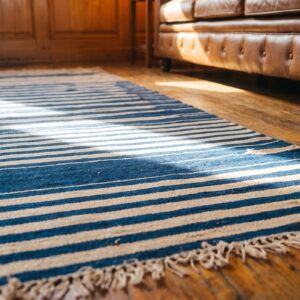Small Scatter Size Antique Blue White Stripe Pattern Cotton Dhurrie Kilim Rug (SKU 21547) - in-room detail