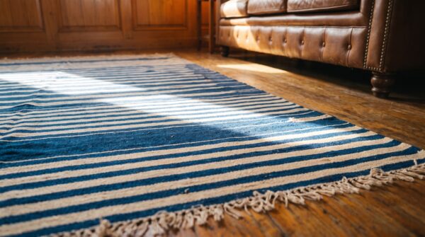 Small scatter size antique blue white stripe pattern cotton dhurrie kilim rug 8 Small scatter size antique blue white stripe pattern cotton dhurrie kilim rug (sku 21547) - in-room detail