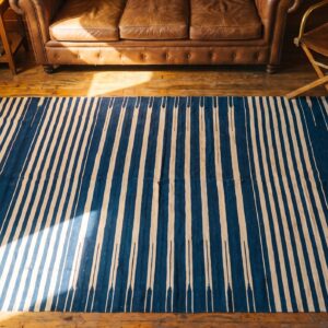 Small Scatter Size Antique Blue White Stripe Pattern Cotton Dhurrie Kilim Rug (SKU 21547) - styled overhead view
