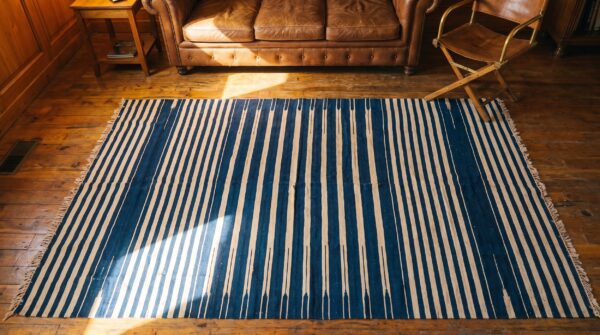 Small scatter size antique blue white stripe pattern cotton dhurrie kilim rug 2 Small scatter size antique blue white stripe pattern cotton dhurrie kilim rug (sku 21547) - styled overhead view