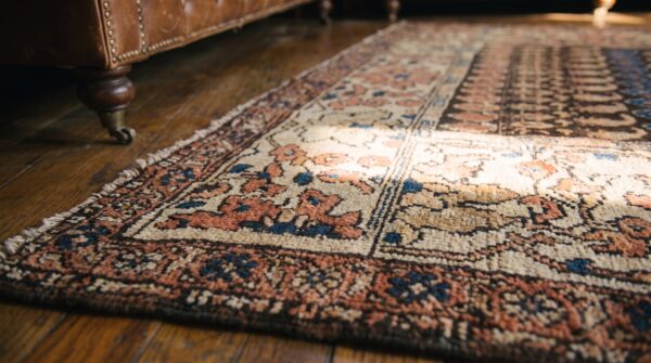 Small scatter size antique brown tribal paisley pattern persian malayer rug 9 Small scatter size antique brown tribal paisley pattern persian malayer rug (sku 20013) - in-room detail